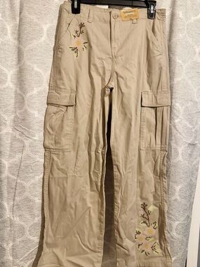 Cherokee Girls' Beige Cargo Pants with Embroidered Floral Detail